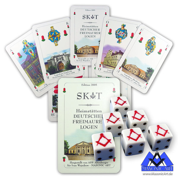 Set aus Freimaurer Skat-Spielkarten "Heimstätten deutscher Freimaurerlogen" & Würfel